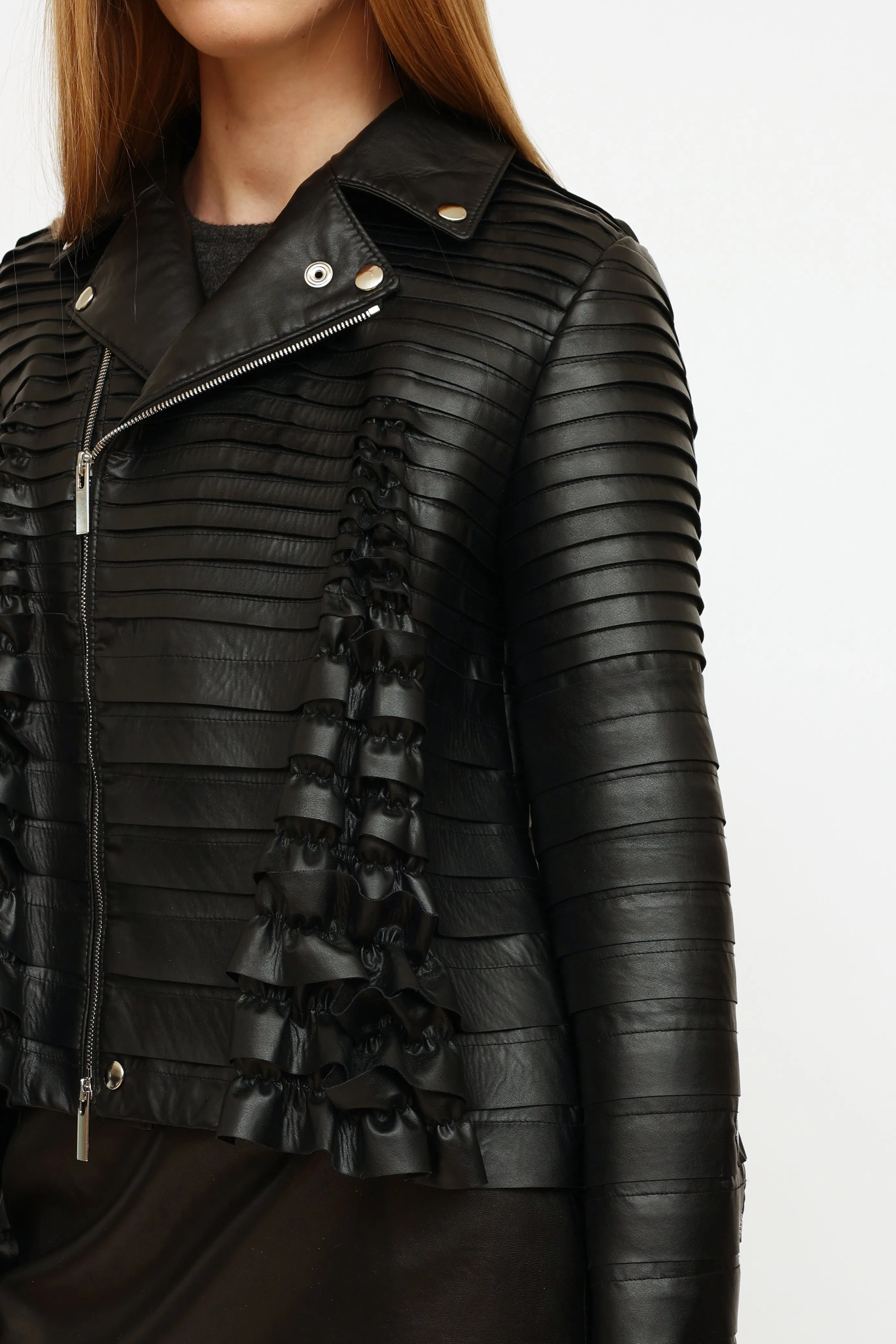 2017 Black Faux Leather Ruffle Jacket