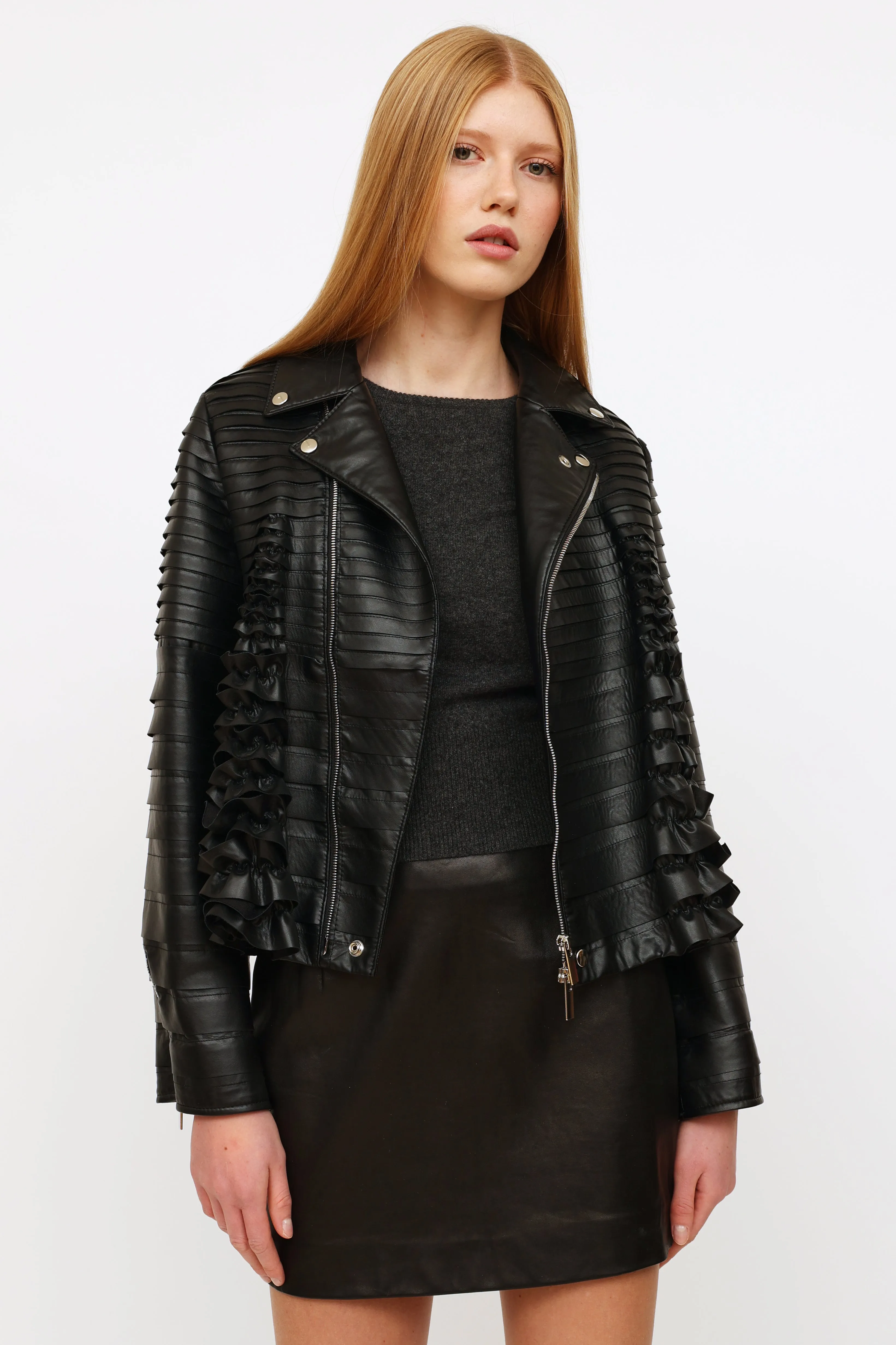 2017 Black Faux Leather Ruffle Jacket