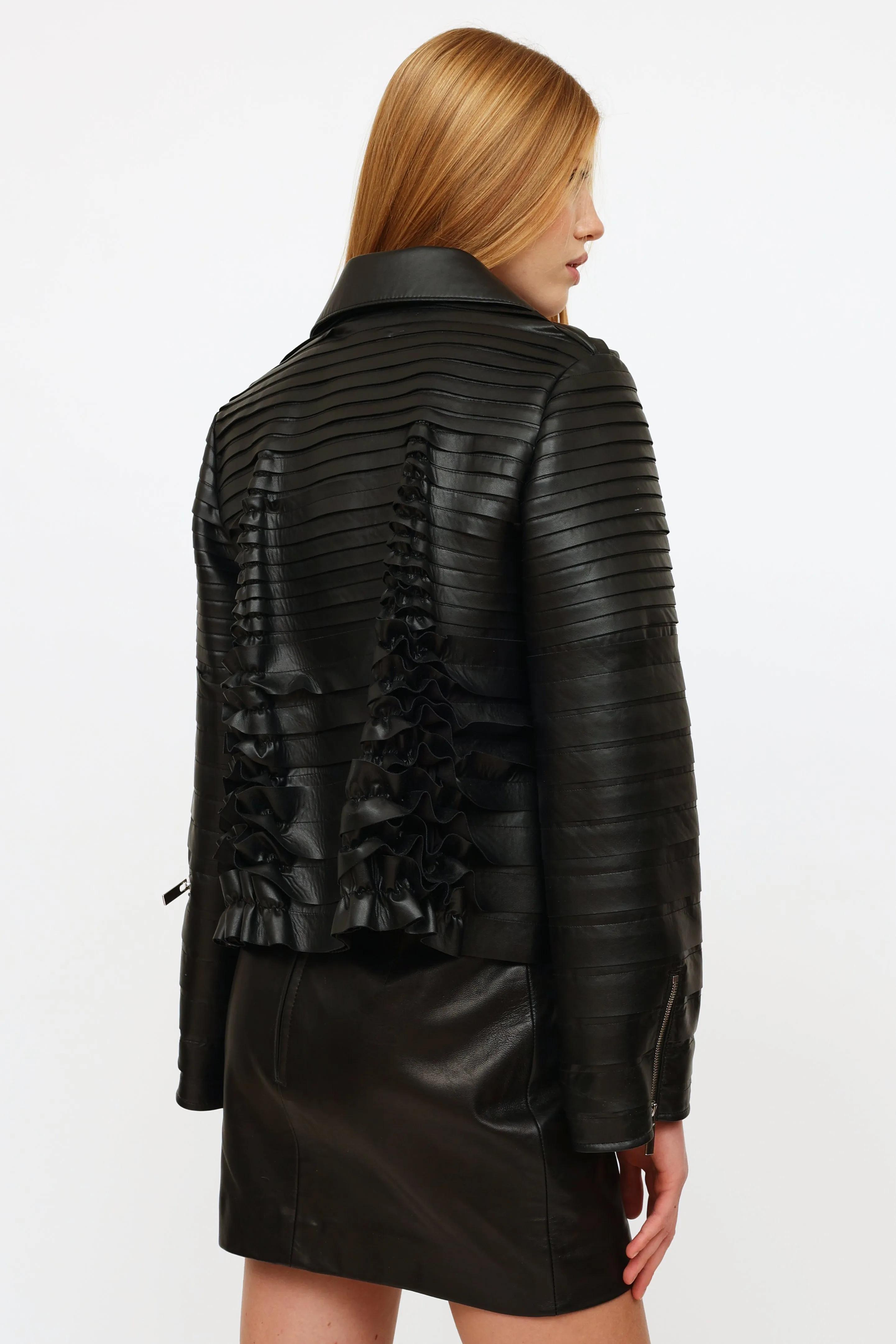 2017 Black Faux Leather Ruffle Jacket