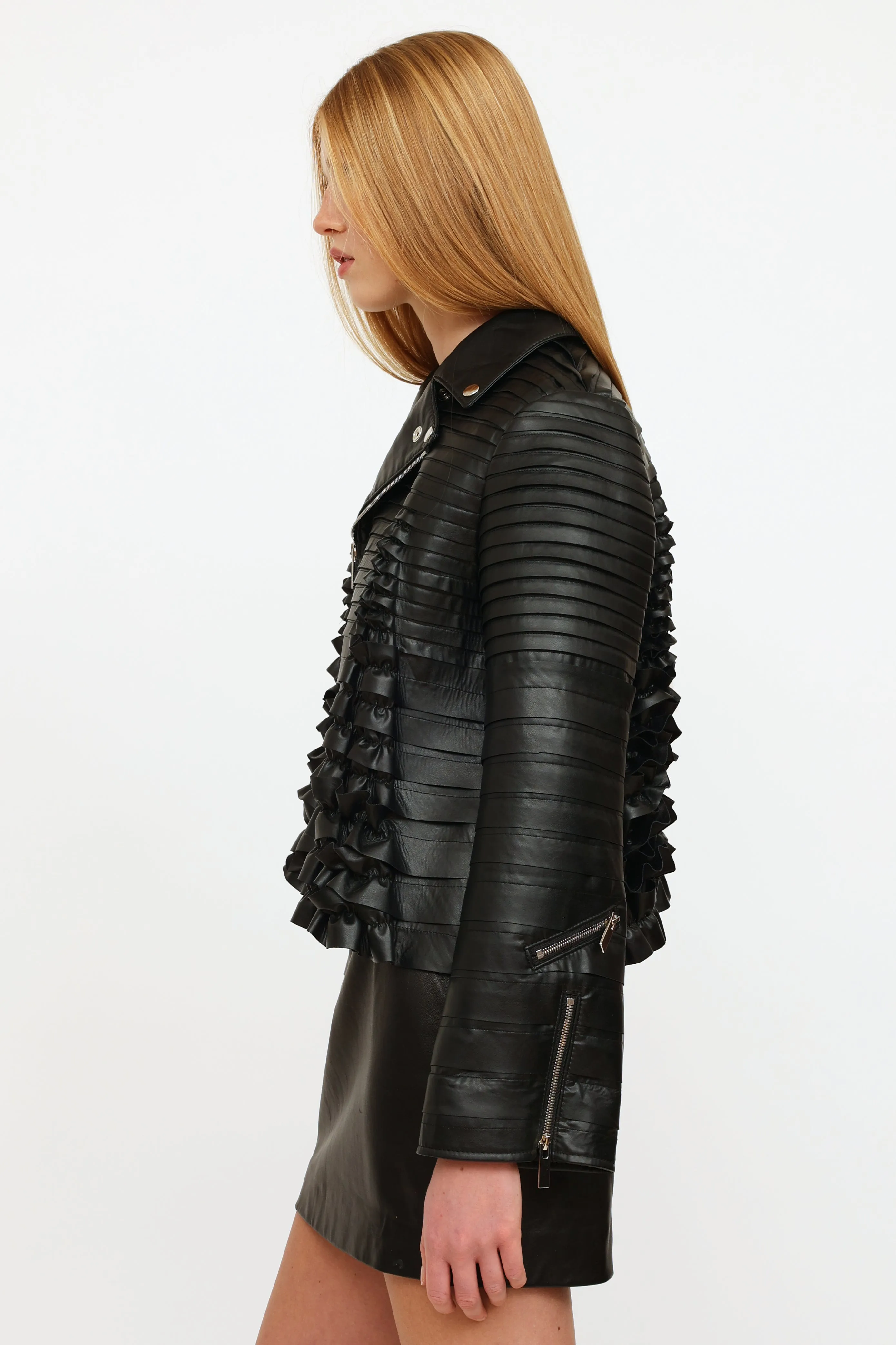 2017 Black Faux Leather Ruffle Jacket