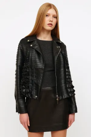 2017 Black Faux Leather Ruffle Jacket