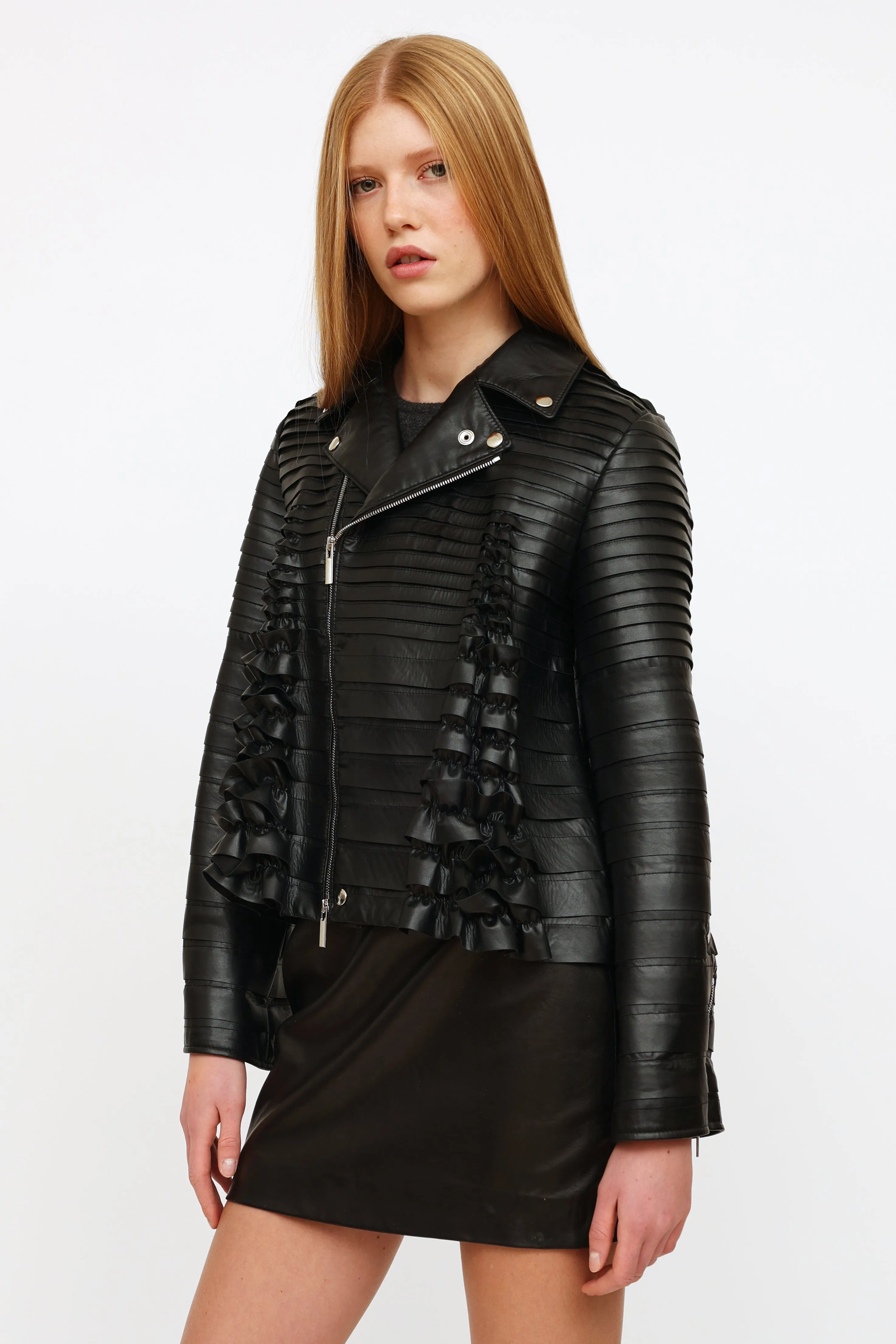2017 Black Faux Leather Ruffle Jacket