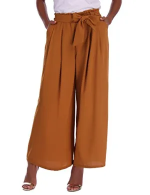 Abollria Pantalon Large Femme Palazzo Jambes Large Fluide Chic Evasé Elastiqué Taille Haute Décontracté en Mousseline de Soie Grandes Tailles avec Ceinture Amincissant Casual, Brun, L