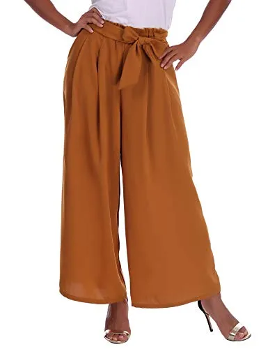Abollria Pantalon Large Femme Palazzo Jambes Large Fluide Chic Evasé Elastiqué Taille Haute Décontracté en Mousseline de Soie Grandes Tailles avec Ceinture Amincissant Casual, Brun, L