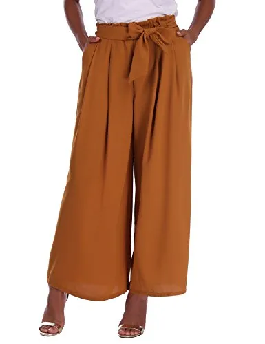 Abollria Pantalon Large Femme Palazzo Jambes Large Fluide Chic Evasé Elastiqué Taille Haute Décontracté en Mousseline de Soie Grandes Tailles avec Ceinture Amincissant Casual, Brun, L