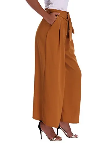 Abollria Pantalon Large Femme Palazzo Jambes Large Fluide Chic Evasé Elastiqué Taille Haute Décontracté en Mousseline de Soie Grandes Tailles avec Ceinture Amincissant Casual, Brun, L