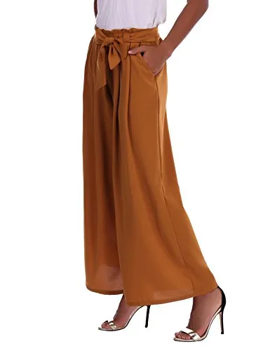 Abollria Pantalon Large Femme Palazzo Jambes Large Fluide Chic Evasé Elastiqué Taille Haute Décontracté en Mousseline de Soie Grandes Tailles avec Ceinture Amincissant Casual, Brun, L