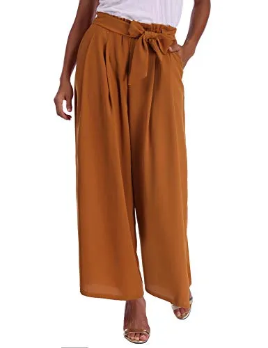 Abollria Pantalon Large Femme Palazzo Jambes Large Fluide Chic Evasé Elastiqué Taille Haute Décontracté en Mousseline de Soie Grandes Tailles avec Ceinture Amincissant Casual, Brun, L