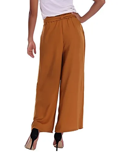 Abollria Pantalon Large Femme Palazzo Jambes Large Fluide Chic Evasé Elastiqué Taille Haute Décontracté en Mousseline de Soie Grandes Tailles avec Ceinture Amincissant Casual, Brun, L