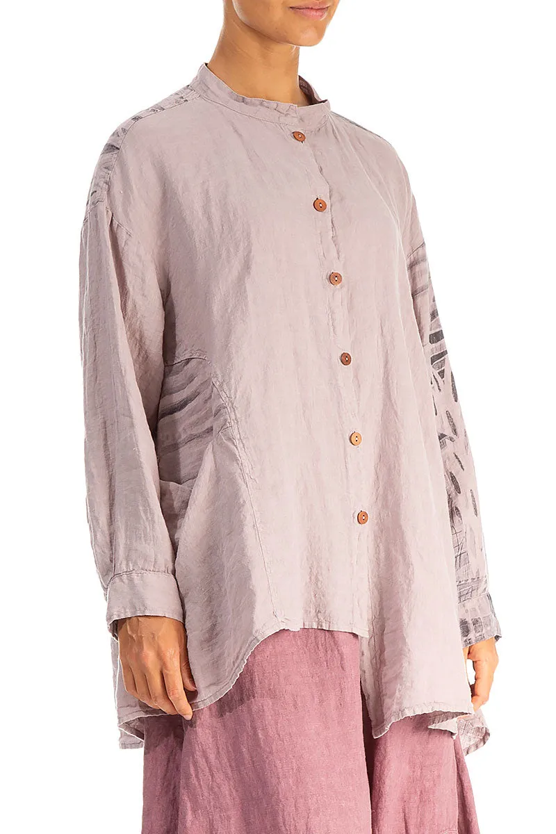 Asymmetrical Greige Printed Back Linen Shirt
