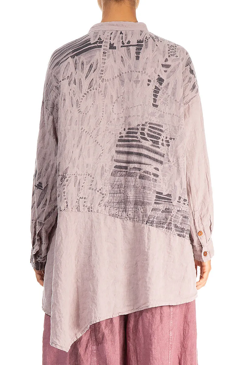 Asymmetrical Greige Printed Back Linen Shirt