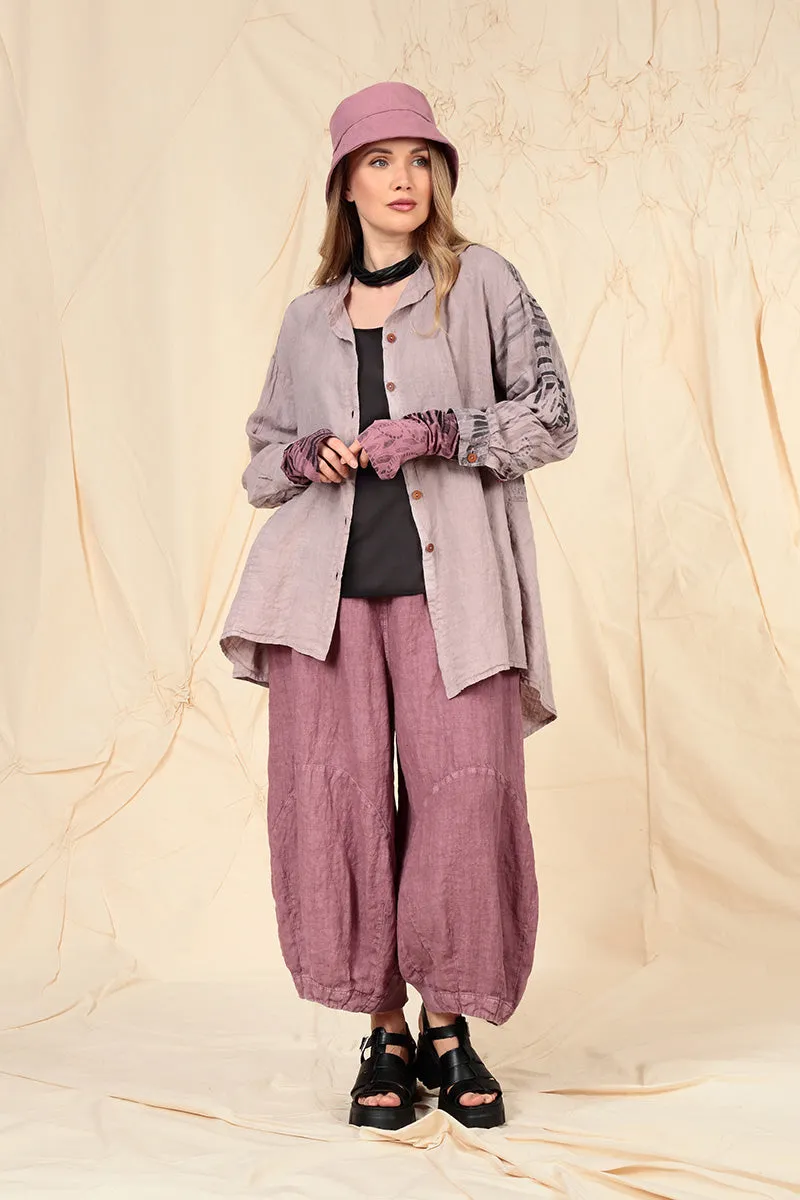 Asymmetrical Greige Printed Back Linen Shirt