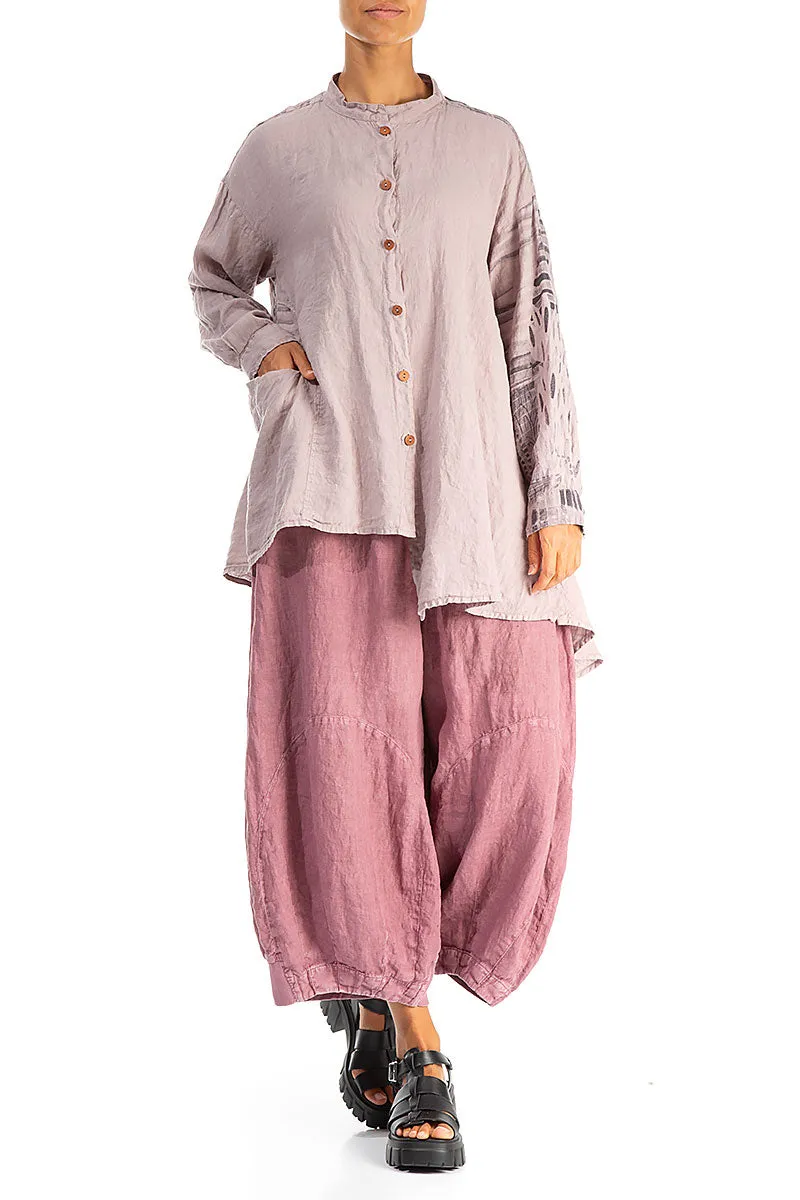 Asymmetrical Greige Printed Back Linen Shirt