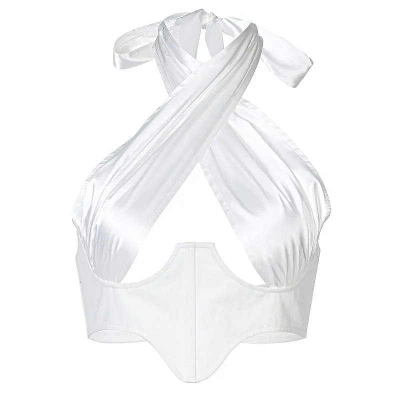Backless Irregular Crossover Tie Up Zipper Crop Tops