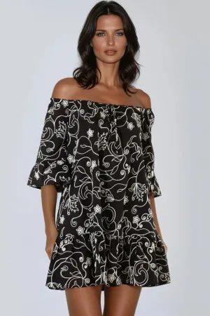 Black Flower Embroidered Bardot Mini Dress