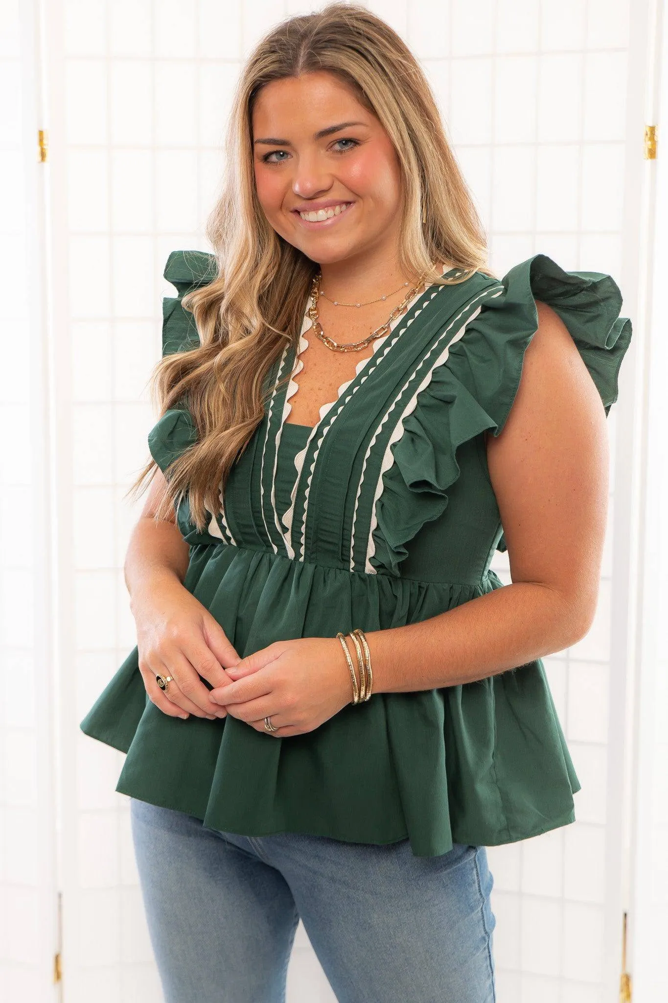 Brunch Date Forrest Green Scalloped Trim Peplum Blouse