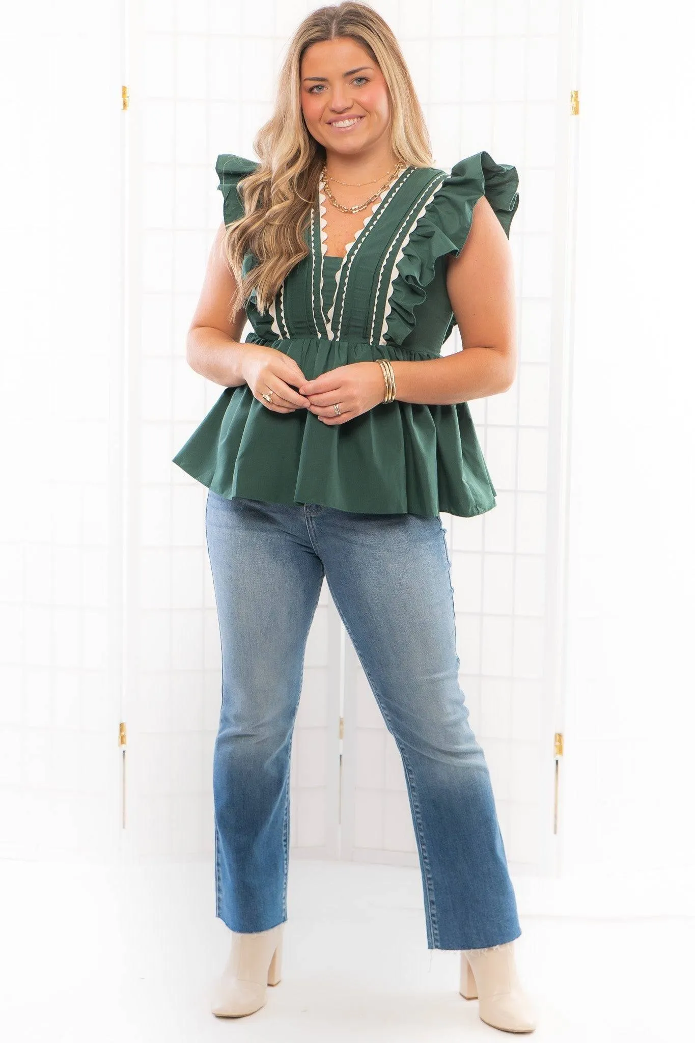 Brunch Date Forrest Green Scalloped Trim Peplum Blouse