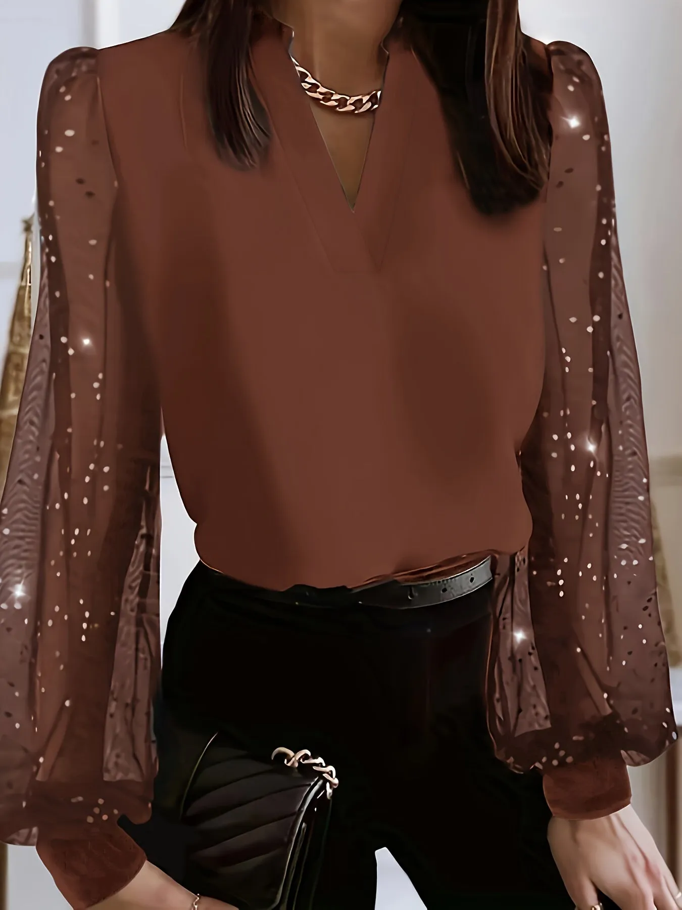 Chic Plus Size V-Neck Blouse - Sheer Mesh Accents - Long-Sleeve Design for Spring Elegance - Women's Curvy Fashion