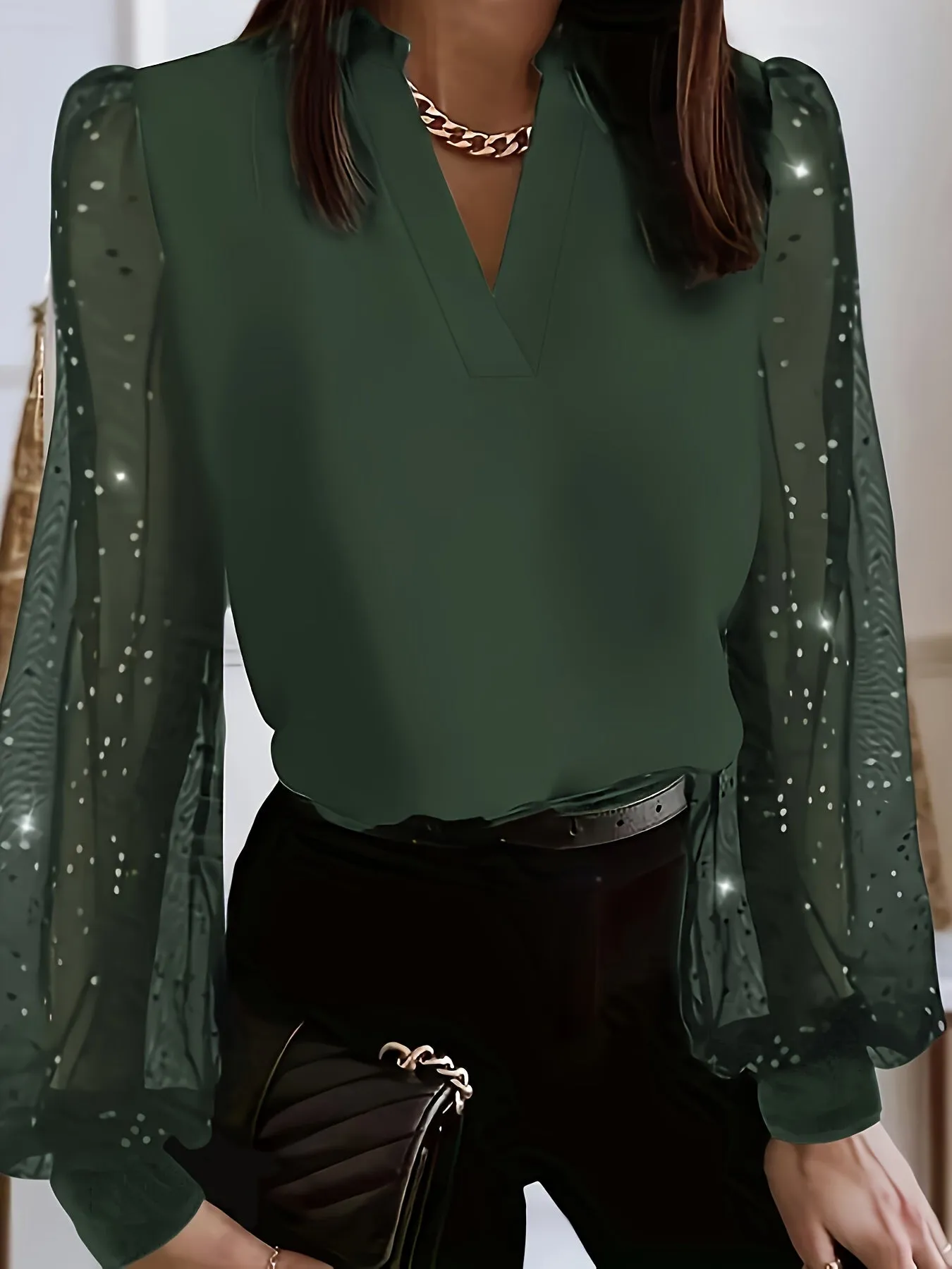 Chic Plus Size V-Neck Blouse - Sheer Mesh Accents - Long-Sleeve Design for Spring Elegance - Women's Curvy Fashion