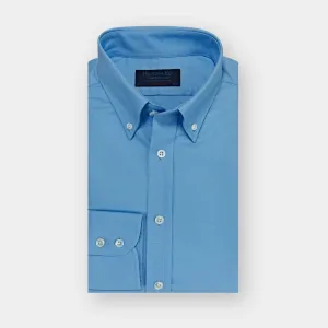 Contemporary Fit Blue Fine Oxford Cotton Shirt with Button Down Collar & Two Button Cuff