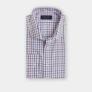 Contemporary Fit, Cut-away Collar, 2 Button Cuff Shirt in a Purple, Blue & White Overcheck Twill Cotton