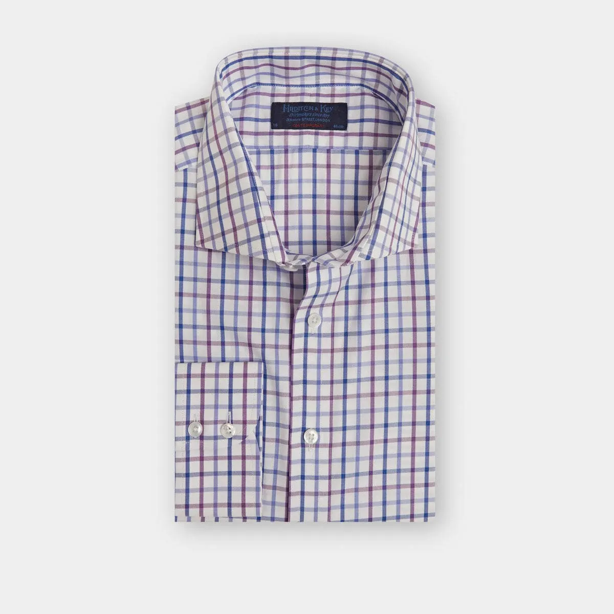 Contemporary Fit, Cut-away Collar, 2 Button Cuff Shirt in a Purple, Blue & White Overcheck Twill Cotton