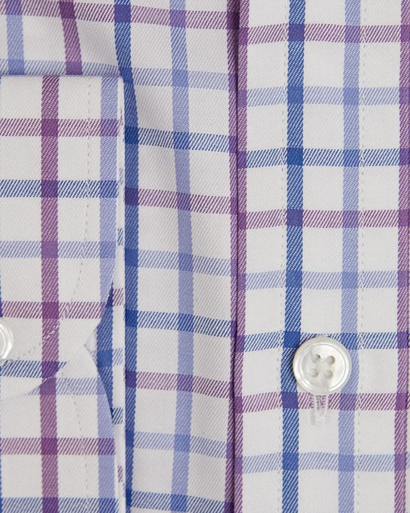 Contemporary Fit, Cut-away Collar, 2 Button Cuff Shirt in a Purple, Blue & White Overcheck Twill Cotton