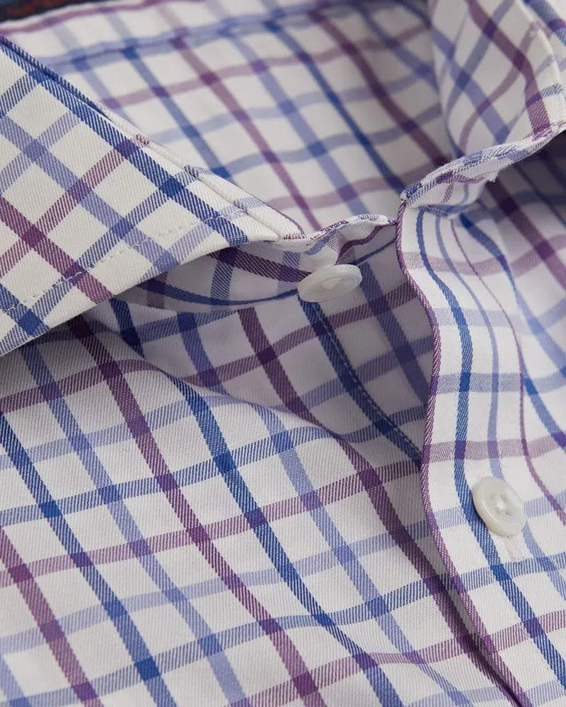 Contemporary Fit, Cut-away Collar, 2 Button Cuff Shirt in a Purple, Blue & White Overcheck Twill Cotton