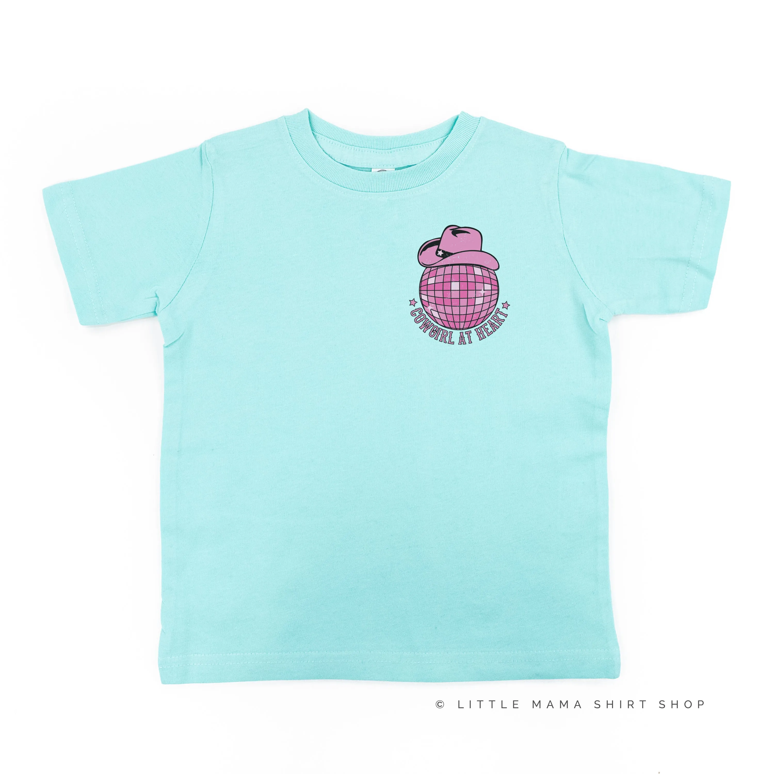 Cowgirl at Heart - Disco (Pocket) w/ Howdy x3 on Back - Distressed Design - Short Sleeve Child Shirt