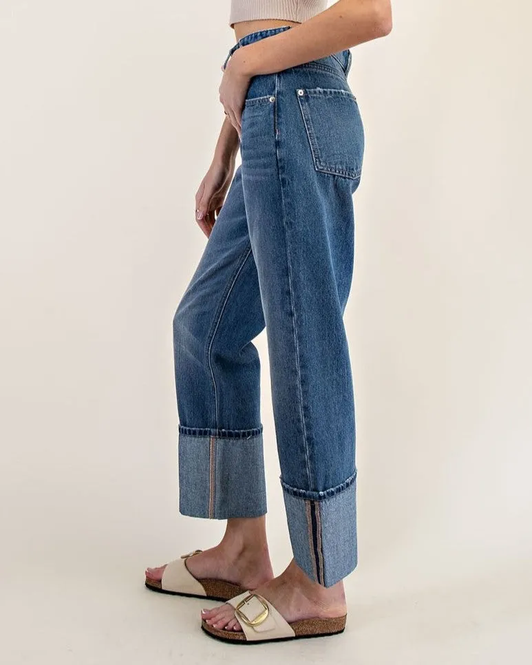 Cuffed Straight Leg Jeans - Denim
