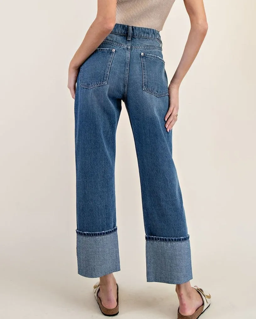Cuffed Straight Leg Jeans - Denim