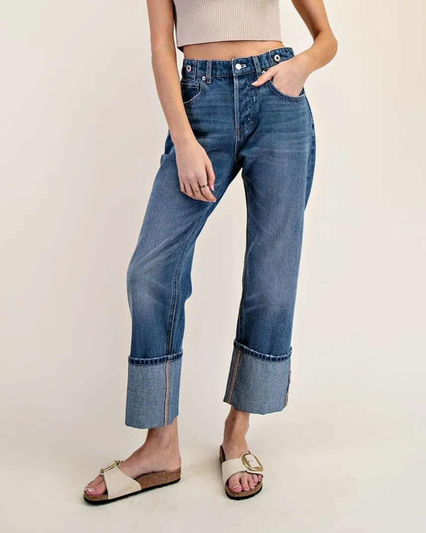 Cuffed Straight Leg Jeans - Denim