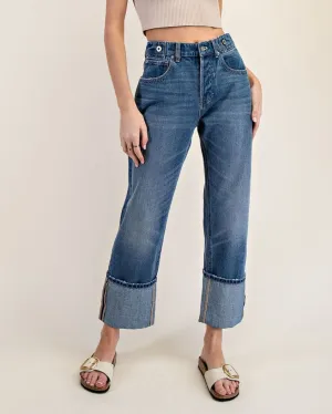 Cuffed Straight Leg Jeans - Denim