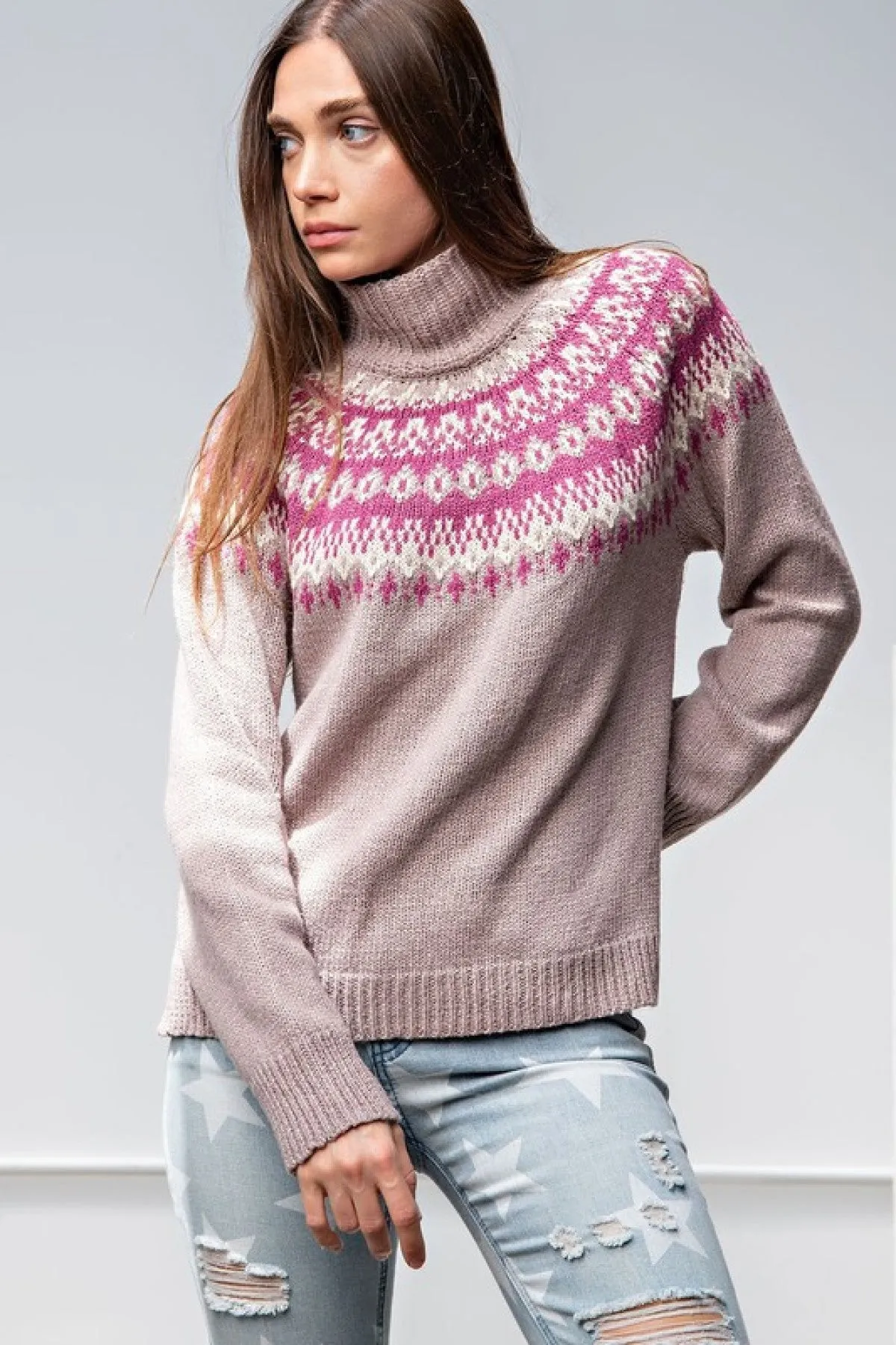Easel "Nordic Mauve Mock Neck" Mock Neck Knit Side Slit Sweater