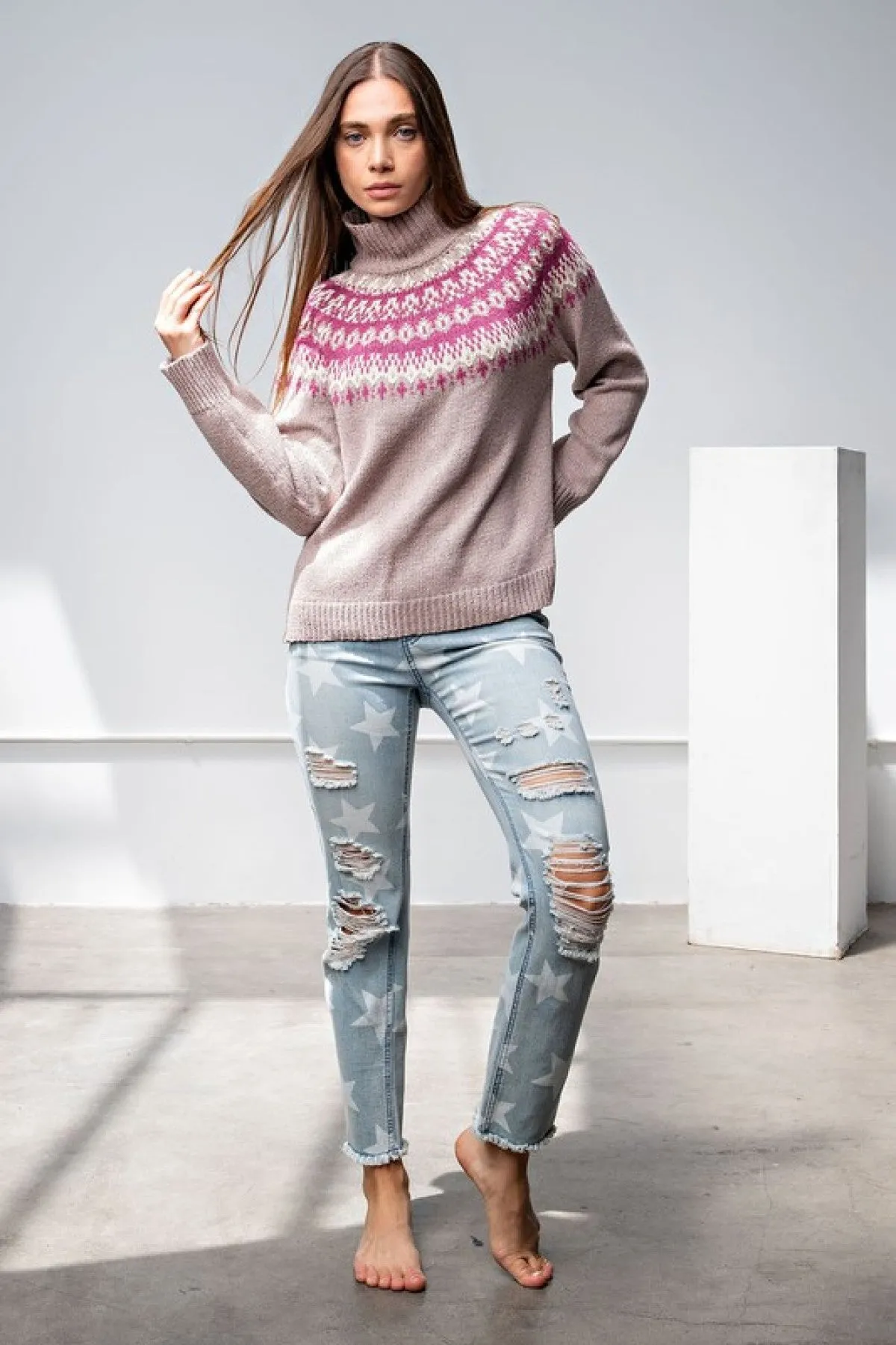 Easel "Nordic Mauve Mock Neck" Mock Neck Knit Side Slit Sweater