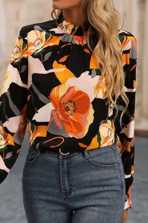 Eye-Catching Mock Neck Floral Long Sleeve Blouse
