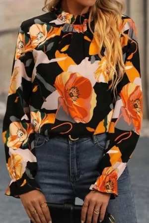 Eye-Catching Mock Neck Floral Long Sleeve Blouse