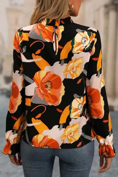 Eye-Catching Mock Neck Floral Long Sleeve Blouse