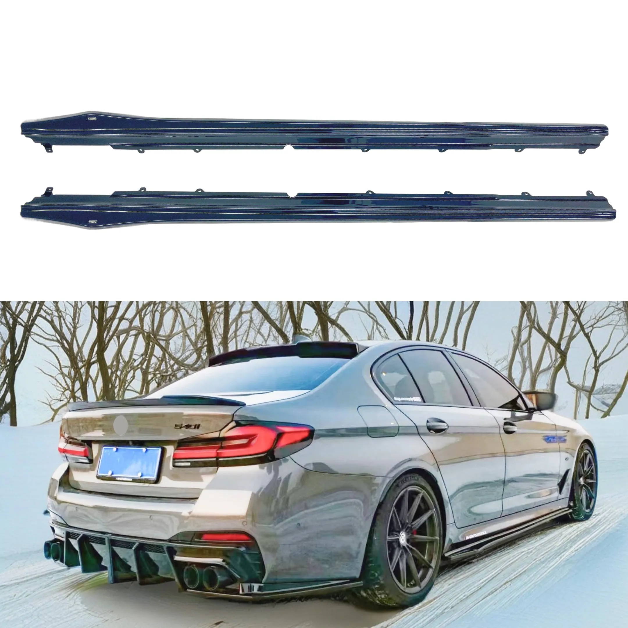 Fits BMW 5 Series G30 2017-2023 Gloss Black Side Body Skirts Splitters Under Spoilers Rocker Panel Bottom Extension Lips