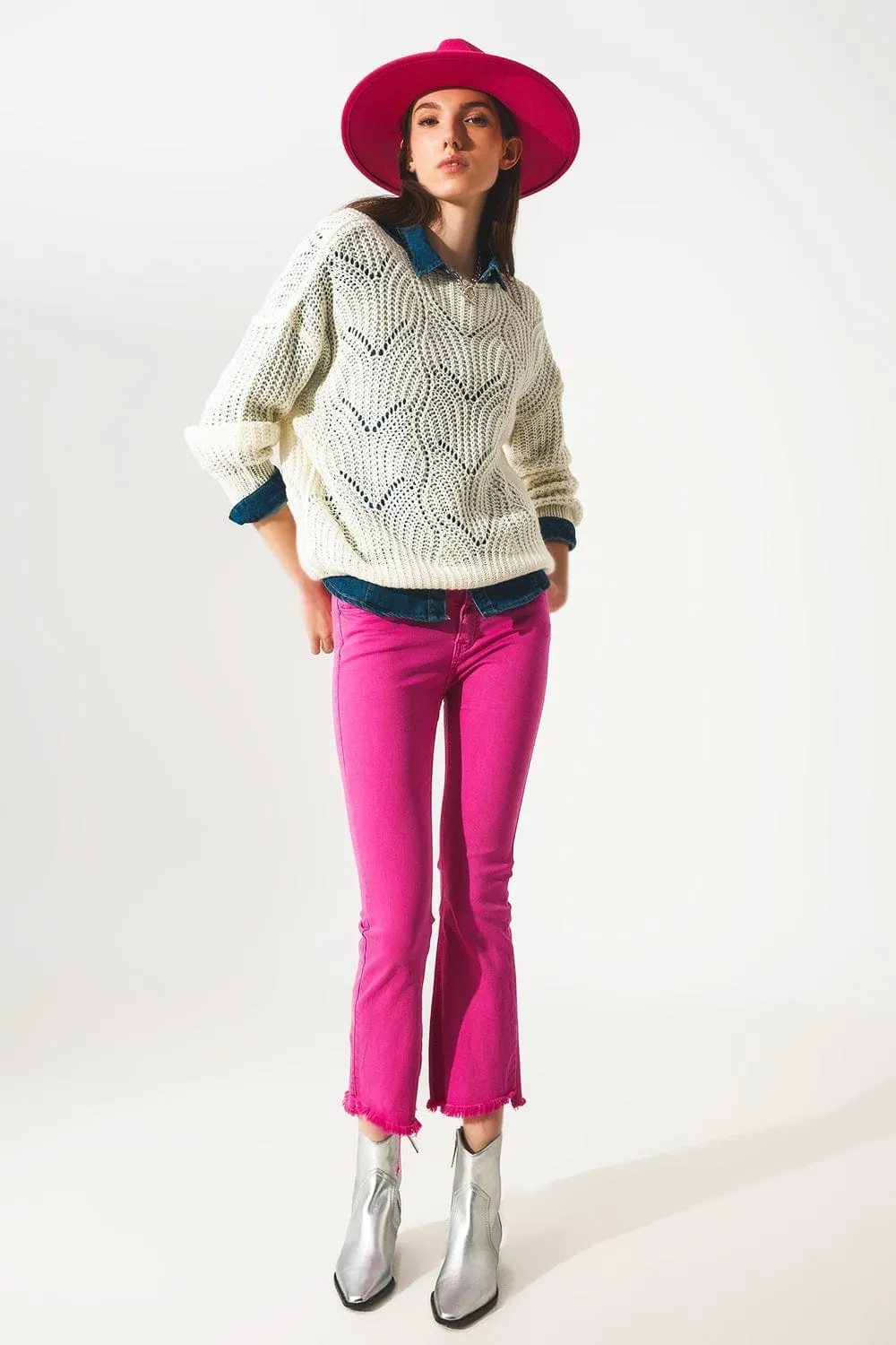 Flare Jeans With Raw Hem Edge In Fuchsia