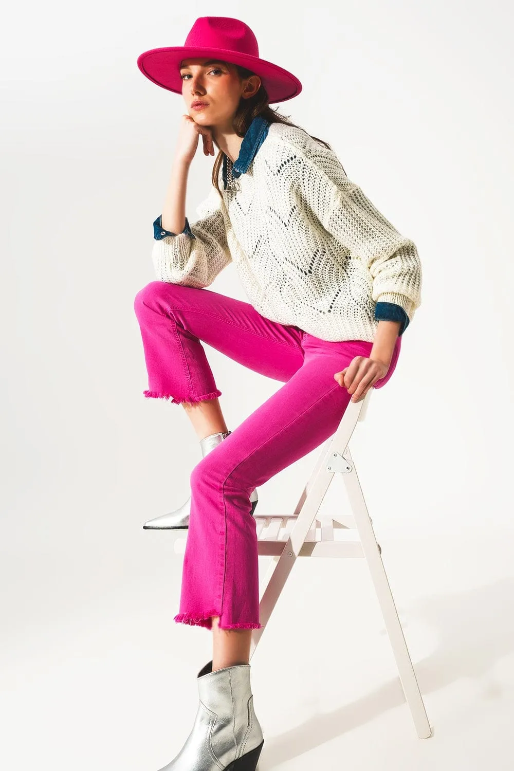 Flare Jeans With Raw Hem Edge In Fuchsia