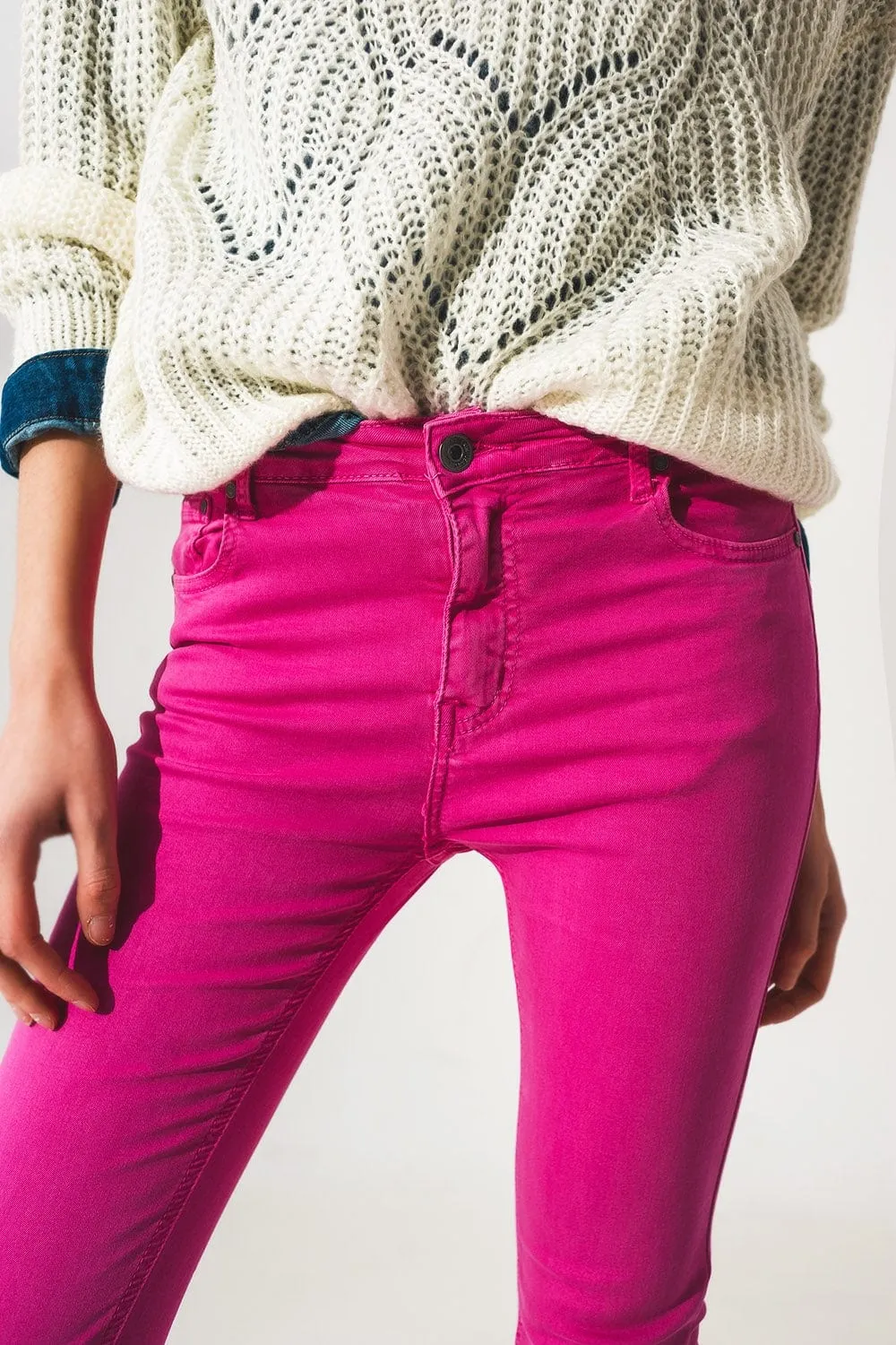 Flare Jeans With Raw Hem Edge In Fuchsia