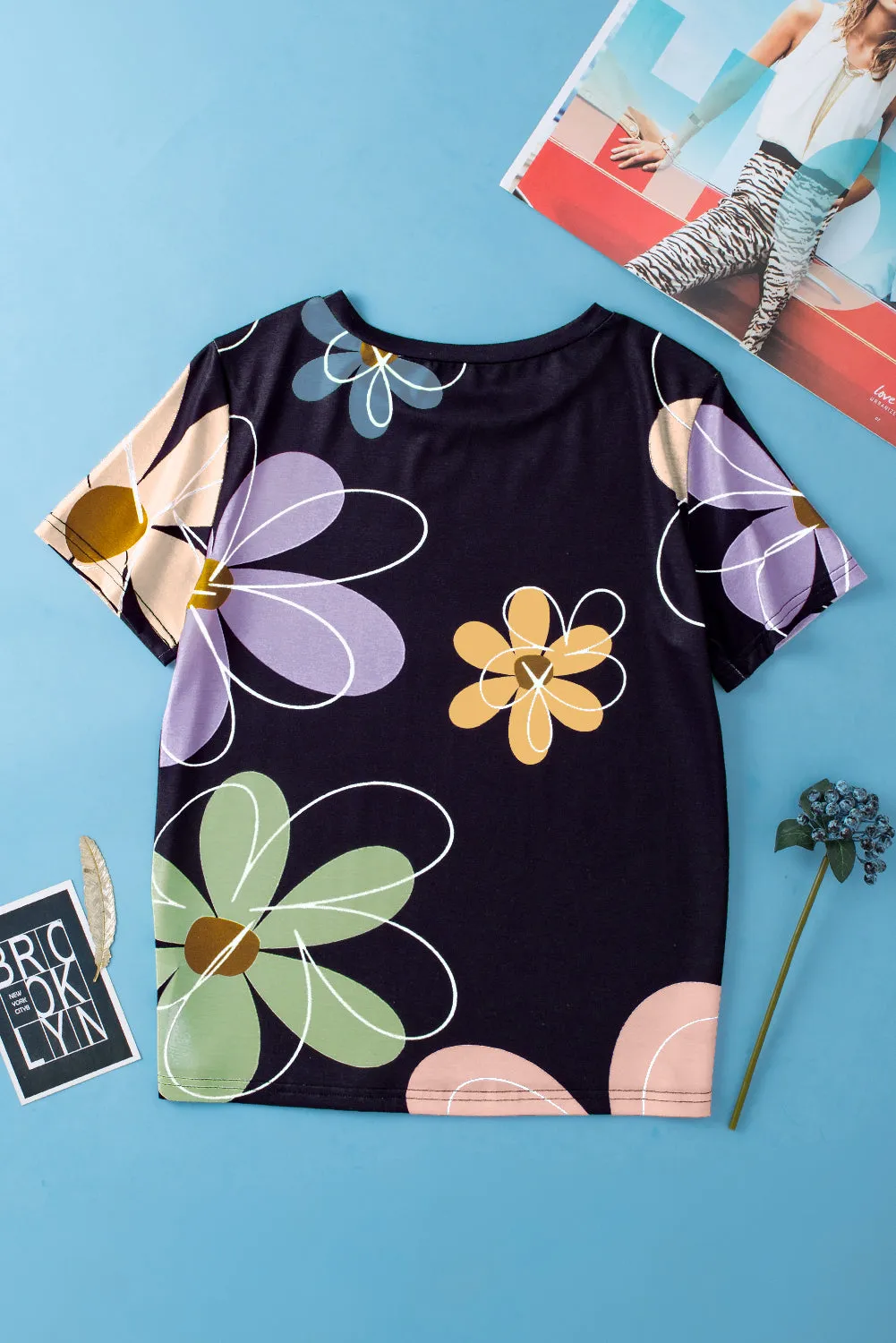 Flower Casual Round Neck T Shirt