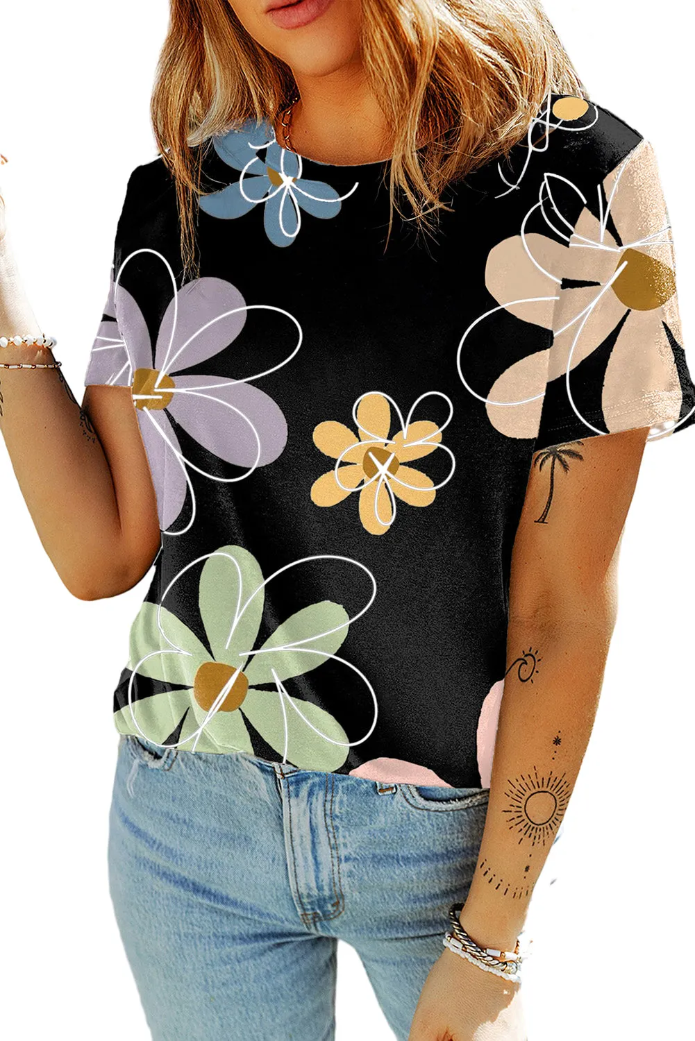 Flower Casual Round Neck T Shirt