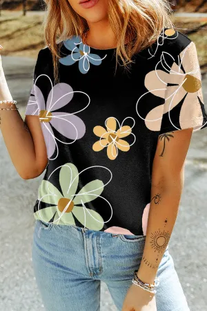 Flower Casual Round Neck T Shirt