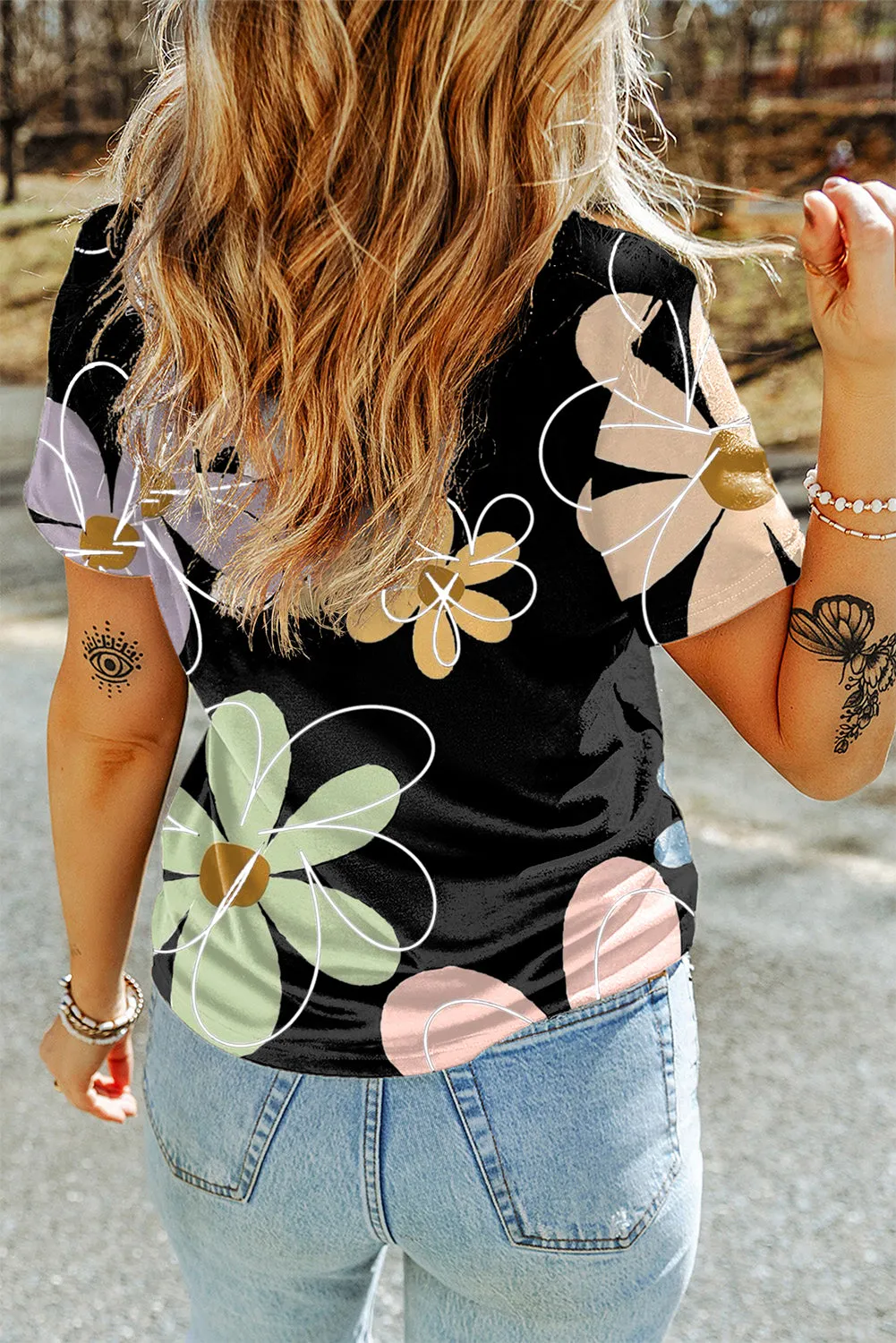 Flower Casual Round Neck T Shirt
