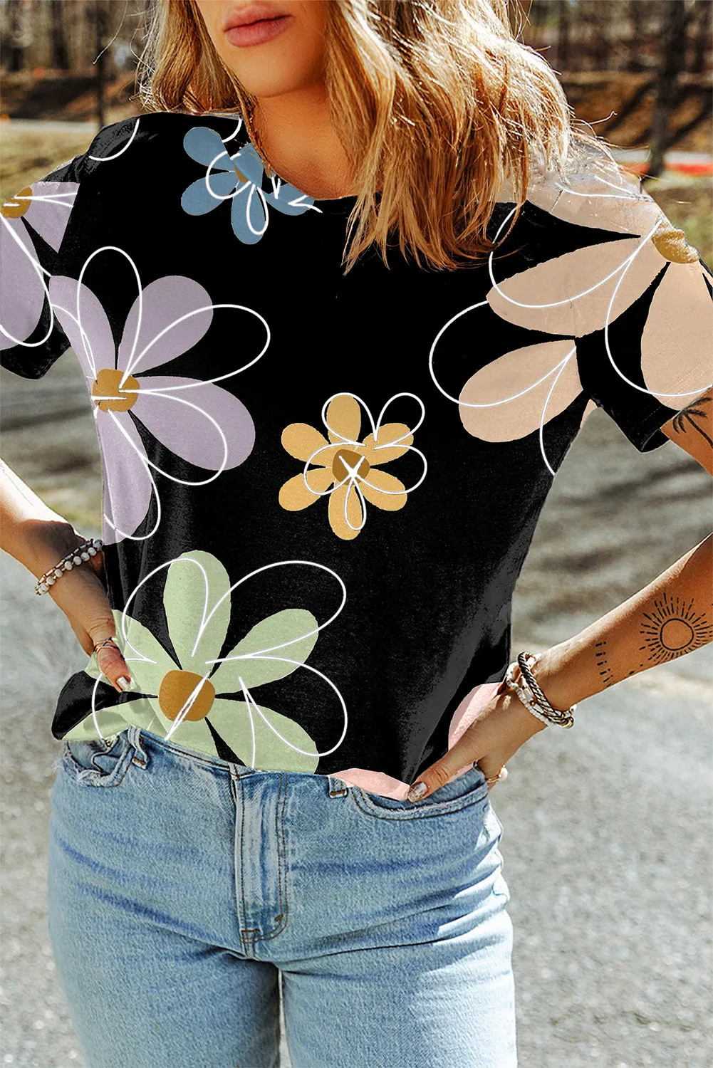 Flower Casual Round Neck T Shirt