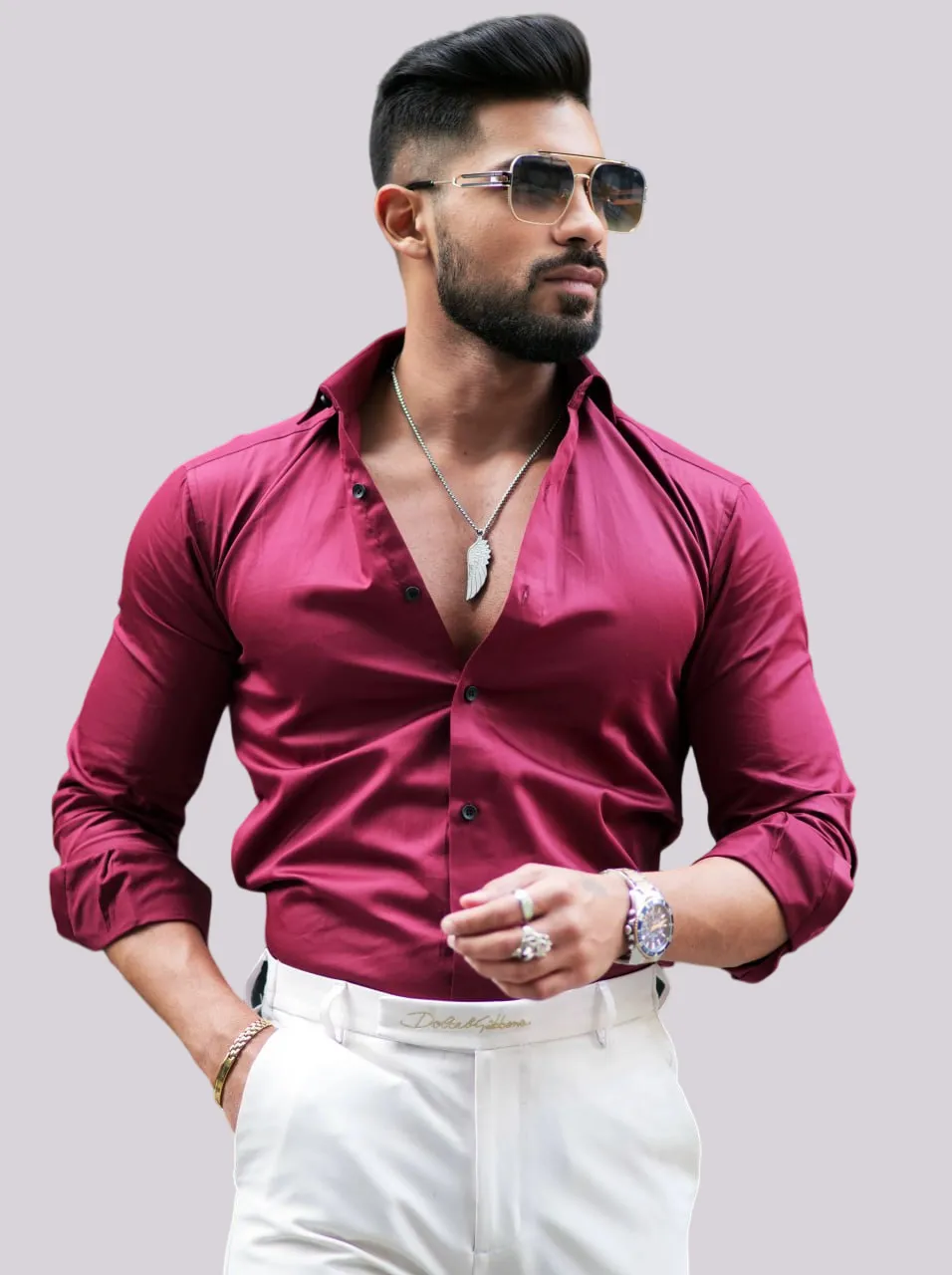FORMY WINE BERRY REGULAR FIT LUXURY SATIN COTTON SHIRT FOR MEN'S