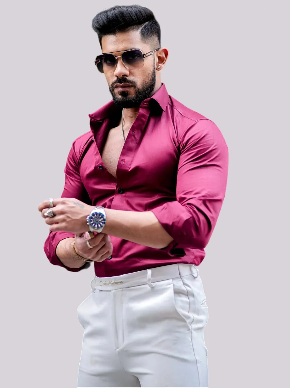 FORMY WINE BERRY REGULAR FIT LUXURY SATIN COTTON SHIRT FOR MEN'S