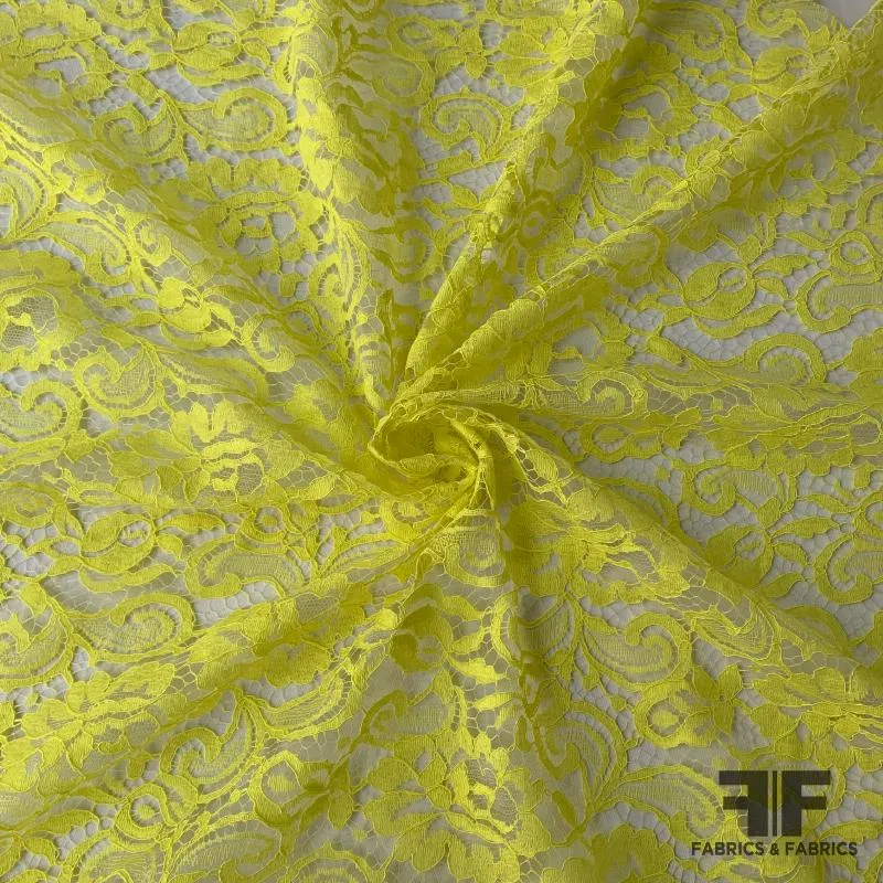 French Floral Finely Corded Chantilly Lace - Bright Yellow